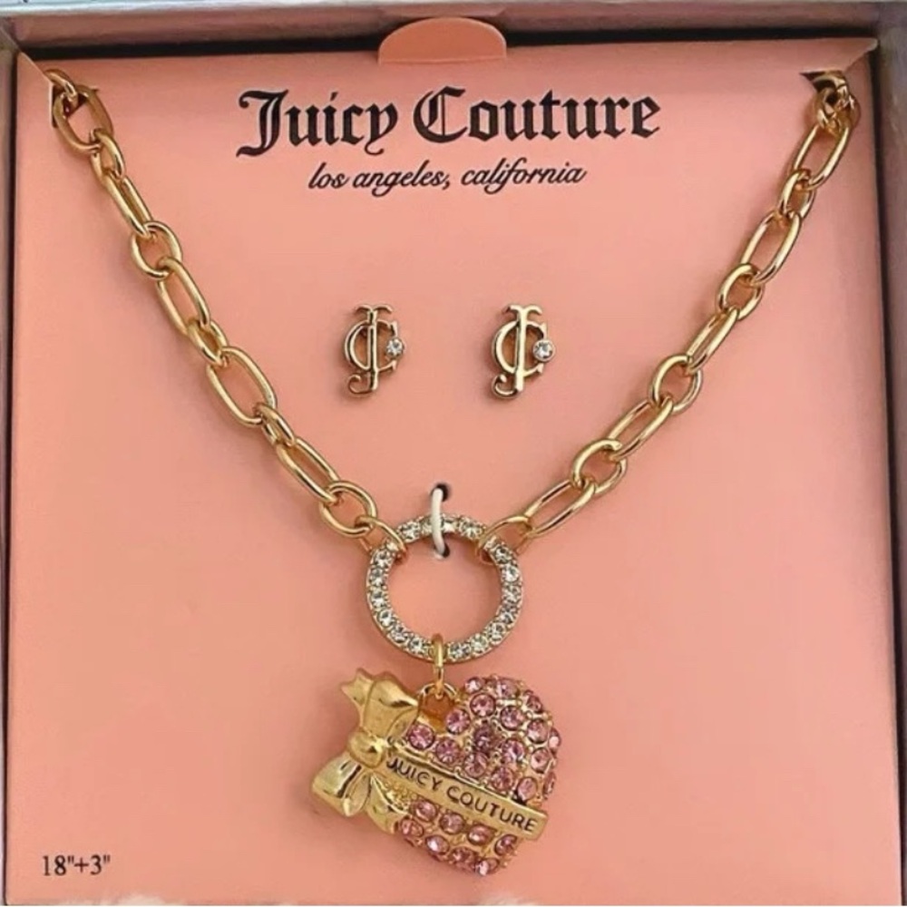 Juicy Couture Gold-Tone Pink Rhinestones Heart Charm Necklace & JC Earrings Set